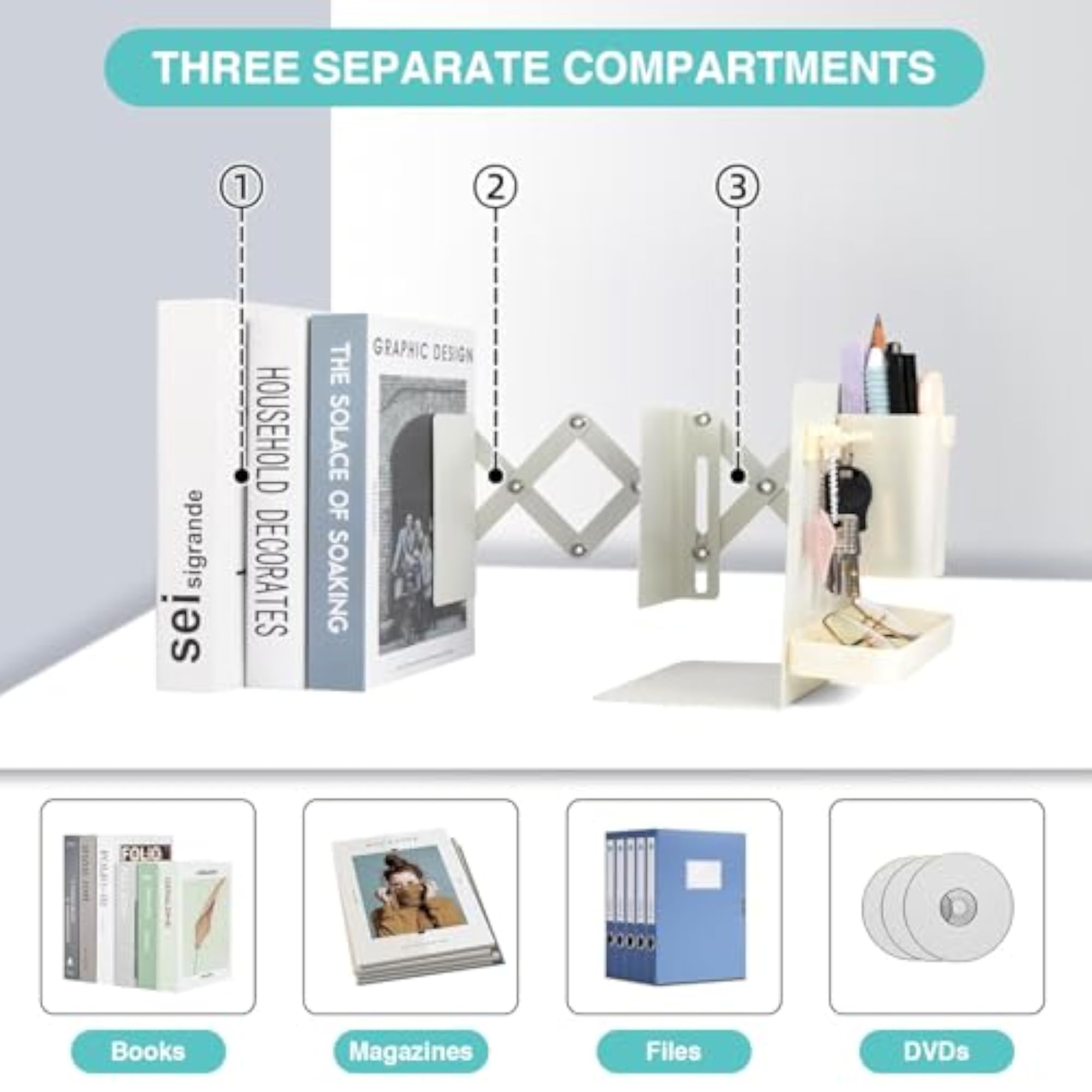 Expandable Metal Bookend with Pen Holder, 3 Compartments